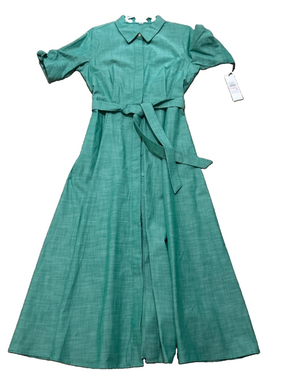 Calvin Klein Short Sleeve Midi Dress With Tie Button Front Green Size 10 NWT